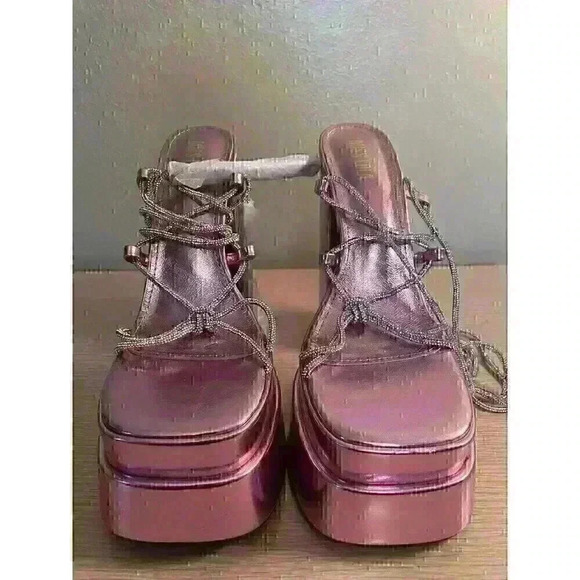 womens pink barbiecore strappy square toe block heel platform SZ 7.5 rhinestone - Picture 3 of 14